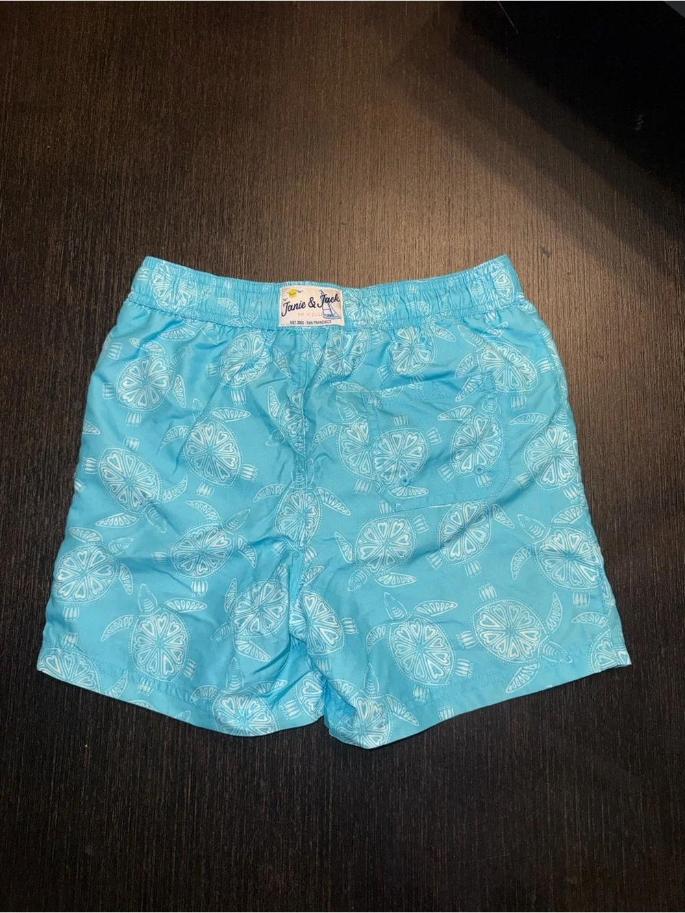 Janie and Jack Turquoise Blue Sea Turtle Print Swim Shorts with Ocean Motif